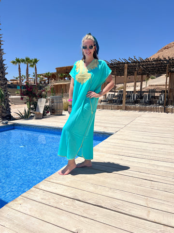 Handgemaakte kaftan - turquoise / goud