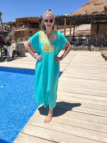 Handgemaakte kaftan - turquoise / goud